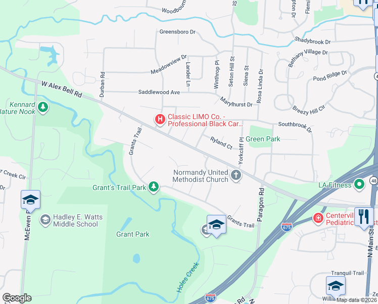 map of restaurants, bars, coffee shops, grocery stores, and more near 539 West Alex Bell Road in Dayton