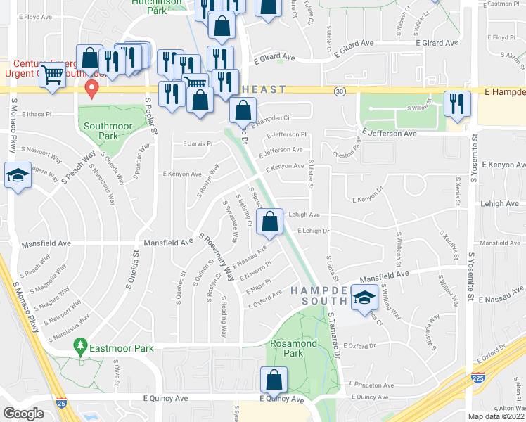 map of restaurants, bars, coffee shops, grocery stores, and more near South Spruce Street in Denver