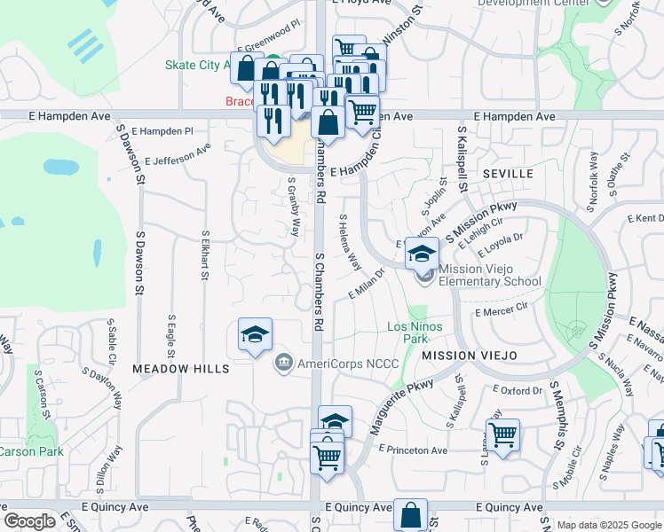 map of restaurants, bars, coffee shops, grocery stores, and more near 15337 East Lehigh Avenue in Aurora