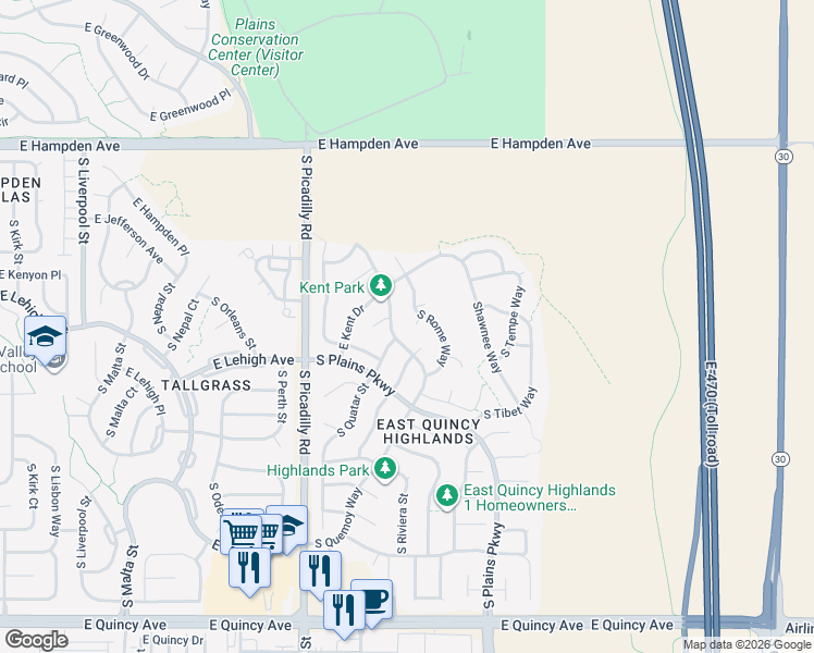map of restaurants, bars, coffee shops, grocery stores, and more near 3790 South Quemoy Way in Aurora