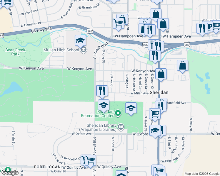 map of restaurants, bars, coffee shops, grocery stores, and more near 3474 West Lehigh Avenue in Denver