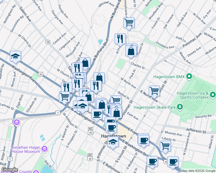 map of restaurants, bars, coffee shops, grocery stores, and more near 133 Bethel Street in Hagerstown