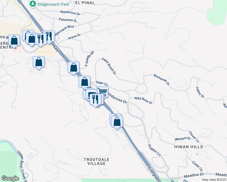 map of restaurants, bars, coffee shops, grocery stores, and more near 3771 Sage Circle in Evergreen