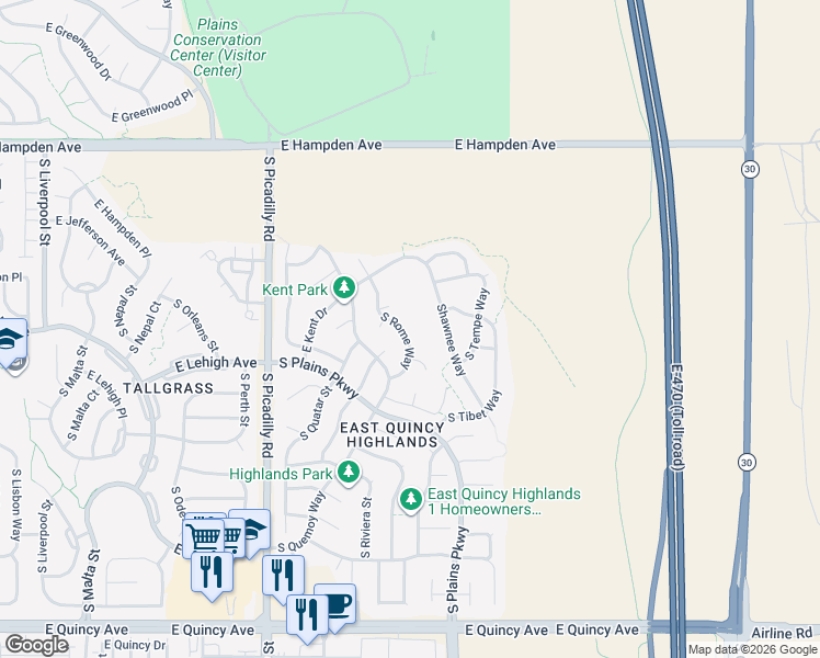 map of restaurants, bars, coffee shops, grocery stores, and more near 3796 South Rome Way in Aurora