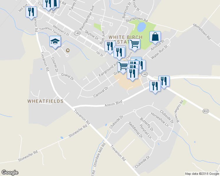 map of restaurants, bars, coffee shops, grocery stores, and more near 111 Carnival Drive in Taneytown