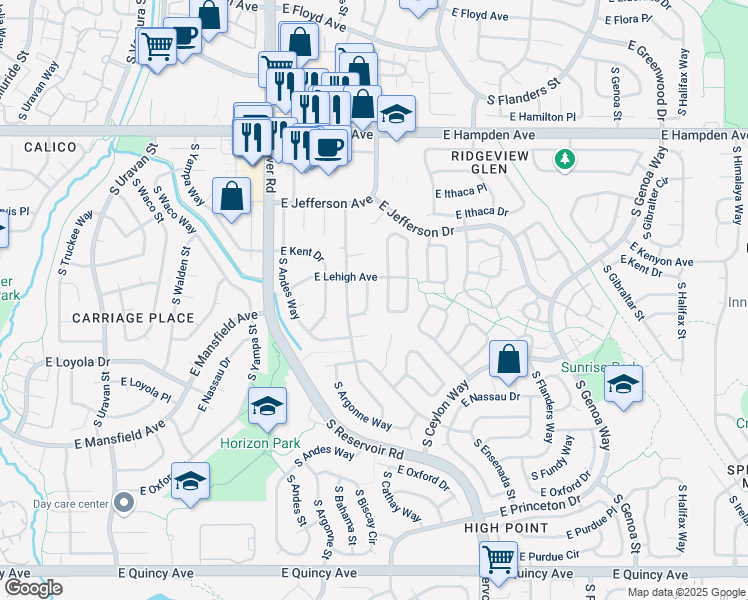 map of restaurants, bars, coffee shops, grocery stores, and more near 18904 East Loyola Circle in Aurora