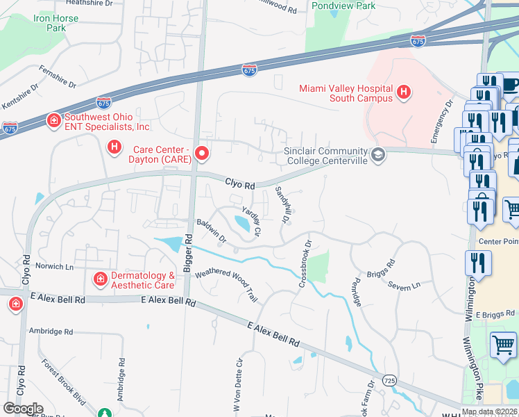 map of restaurants, bars, coffee shops, grocery stores, and more near 6561 Brigham Square in Centerville