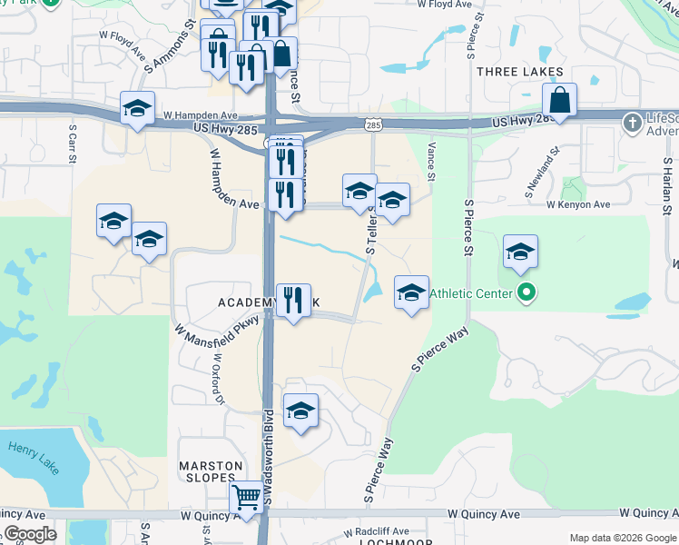 map of restaurants, bars, coffee shops, grocery stores, and more near 7301 West Mansfield Avenue in Denver