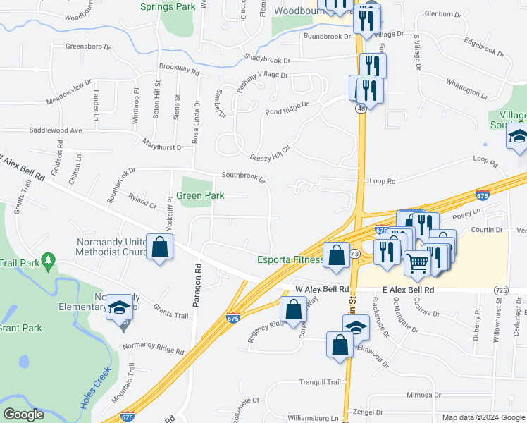 map of restaurants, bars, coffee shops, grocery stores, and more near 201 Estates Drive in Dayton