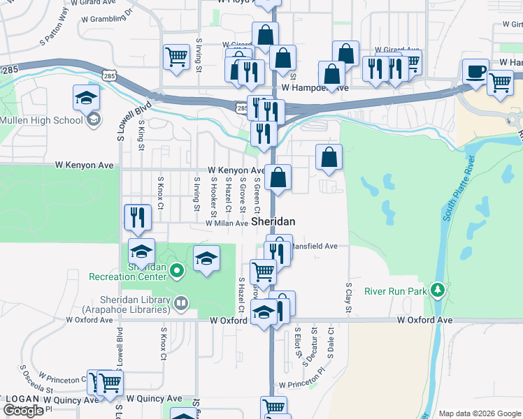 map of restaurants, bars, coffee shops, grocery stores, and more near 3751 South Federal Boulevard in Englewood