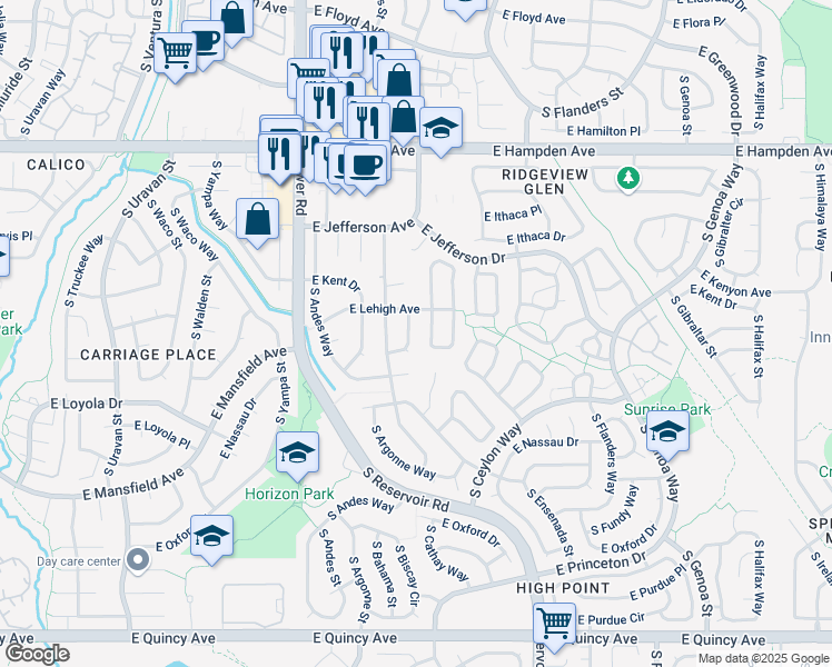 map of restaurants, bars, coffee shops, grocery stores, and more near 18904 East Loyola Circle in Aurora