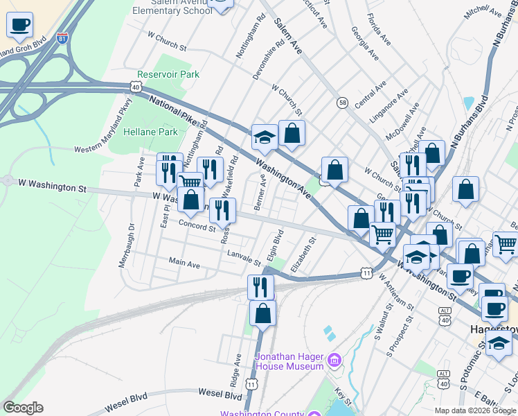 map of restaurants, bars, coffee shops, grocery stores, and more near 4 Berner Avenue in Hagerstown