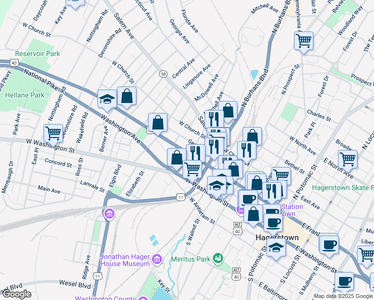 map of restaurants, bars, coffee shops, grocery stores, and more near 508 West Franklin Street in Hagerstown