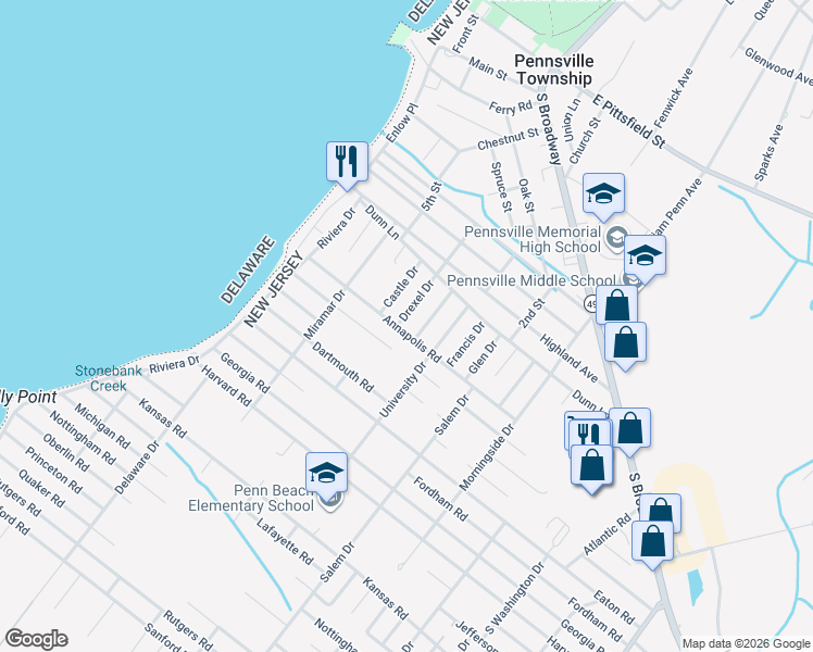 map of restaurants, bars, coffee shops, grocery stores, and more near 21 Drexel Drive in Pennsville