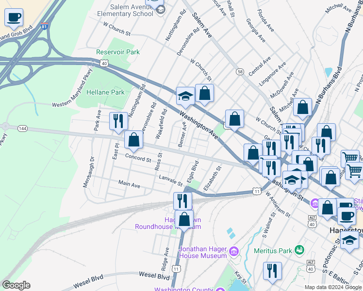 map of restaurants, bars, coffee shops, grocery stores, and more near 4C Berner Avenue in Hagerstown