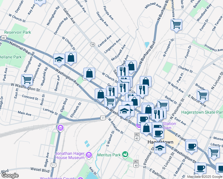 map of restaurants, bars, coffee shops, grocery stores, and more near 116 High Street in Hagerstown