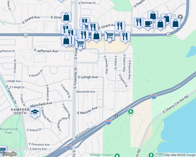 map of restaurants, bars, coffee shops, grocery stores, and more near 3816 South Yosemite Street in Denver