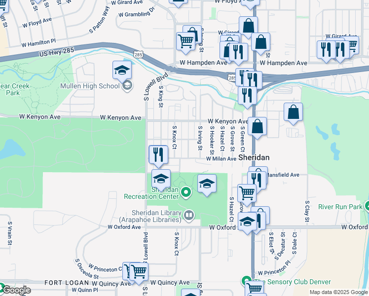 map of restaurants, bars, coffee shops, grocery stores, and more near 3801 South Julian Street in Denver