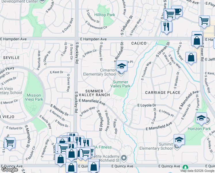 map of restaurants, bars, coffee shops, grocery stores, and more near 3796 South Quintero Circle in Aurora