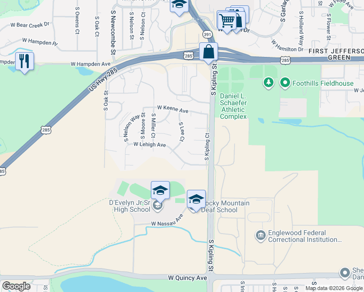 map of restaurants, bars, coffee shops, grocery stores, and more near 3772 South Lee Court in Lakewood