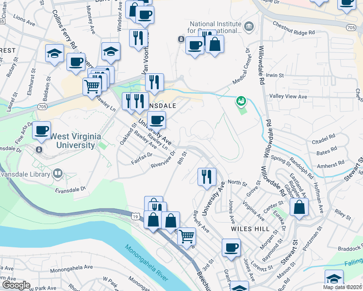 map of restaurants, bars, coffee shops, grocery stores, and more near in Morgantown