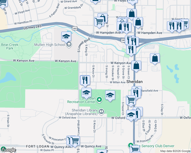 map of restaurants, bars, coffee shops, grocery stores, and more near 3830 South Knox Court in Denver