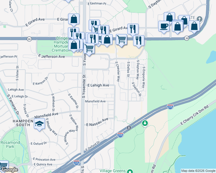 map of restaurants, bars, coffee shops, grocery stores, and more near 9195 Lehigh Avenue in Denver