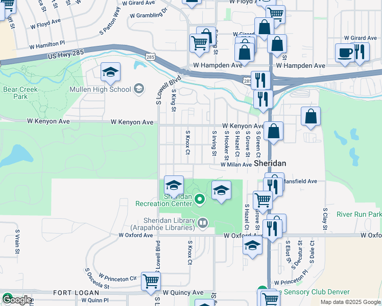 map of restaurants, bars, coffee shops, grocery stores, and more near 3801 South Julian Street in Denver