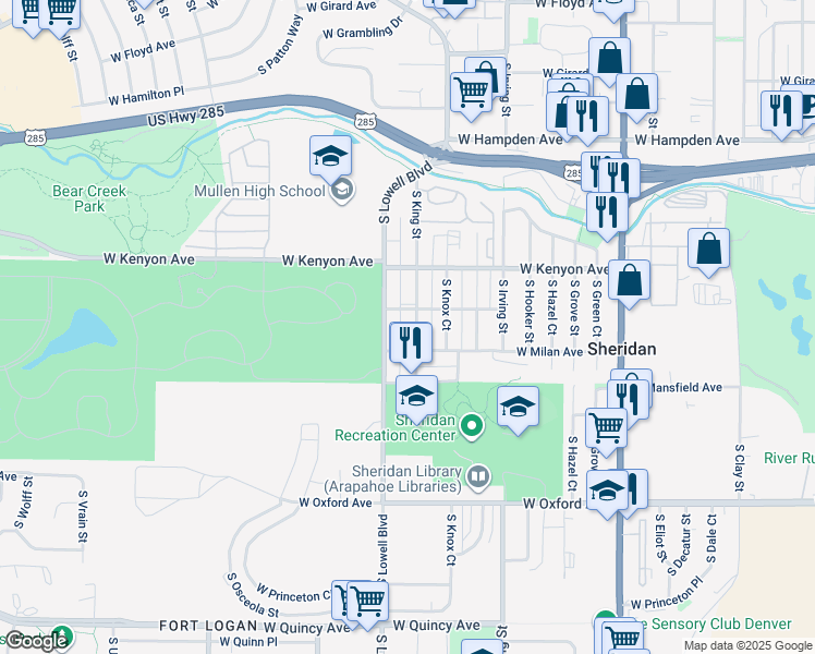 map of restaurants, bars, coffee shops, grocery stores, and more near 3474 West Lehigh Avenue in Denver