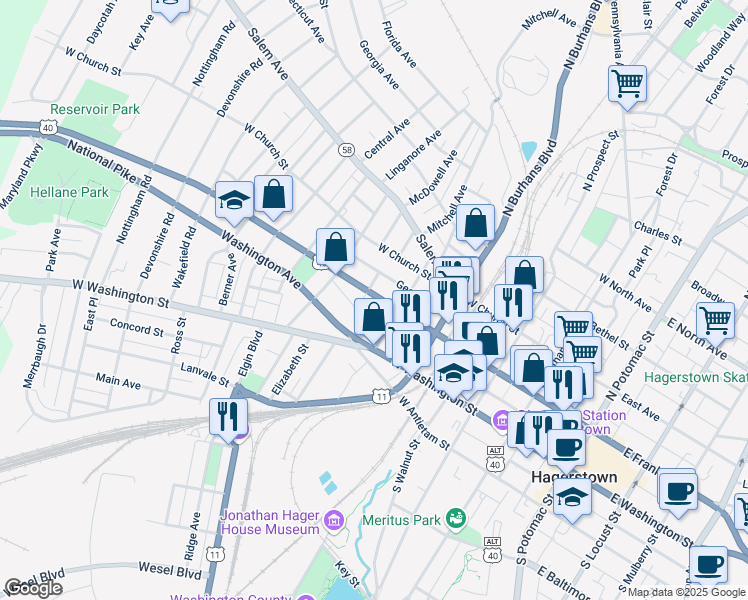 map of restaurants, bars, coffee shops, grocery stores, and more near 527 West Franklin Street in Hagerstown