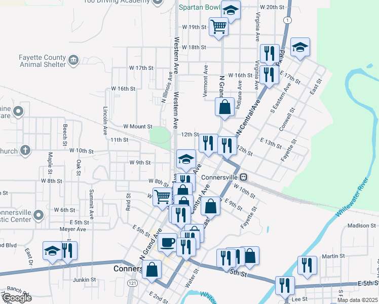 map of restaurants, bars, coffee shops, grocery stores, and more near 216 West 11th Street in Connersville