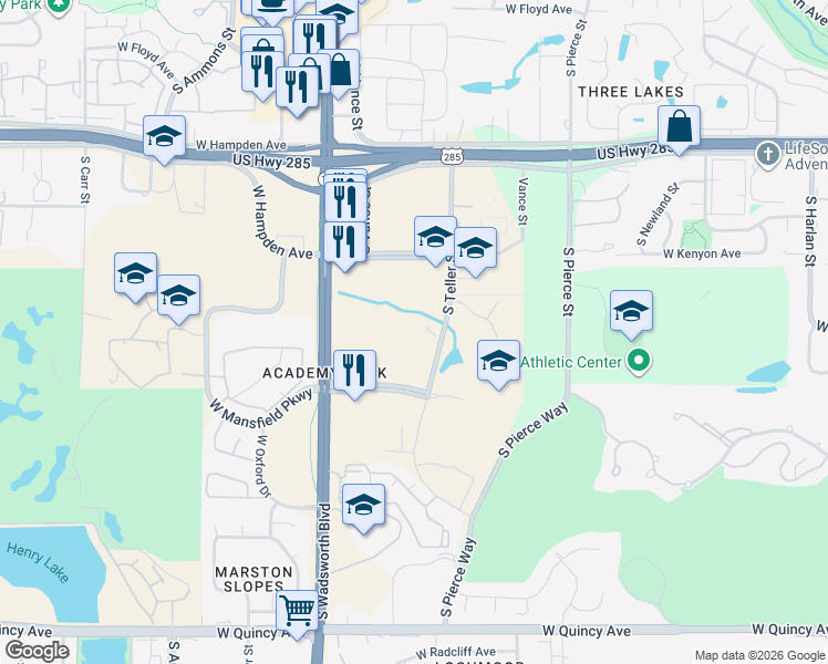 map of restaurants, bars, coffee shops, grocery stores, and more near 7201 West Mansfield Avenue in Denver
