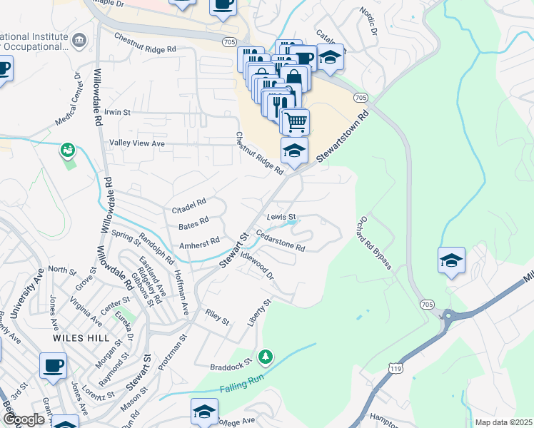 map of restaurants, bars, coffee shops, grocery stores, and more near Lewis Street in Morgantown