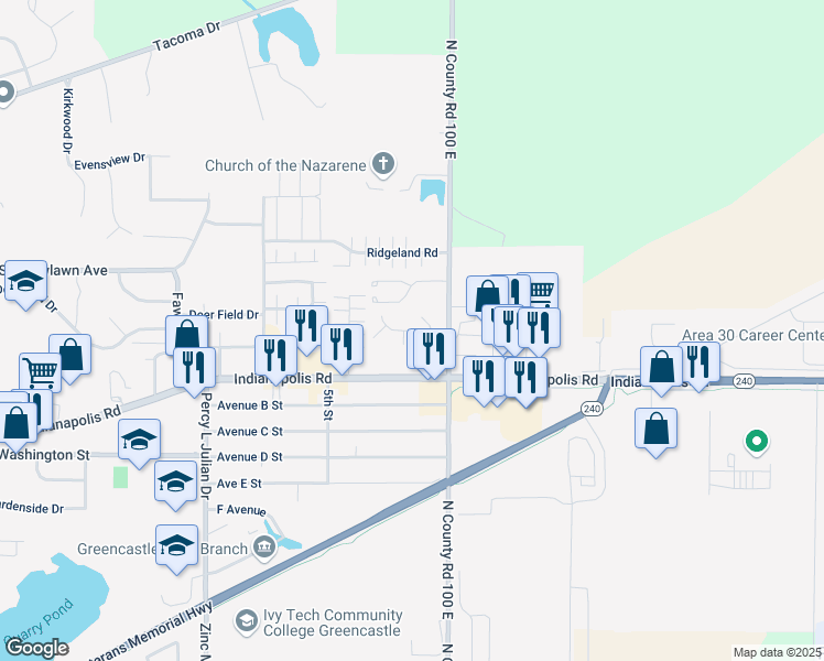 map of restaurants, bars, coffee shops, grocery stores, and more near Horseshoe Drive in Greencastle