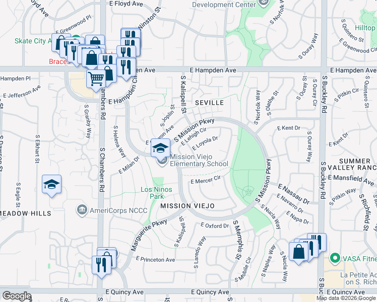 map of restaurants, bars, coffee shops, grocery stores, and more near 15973 East Loyola Drive in Aurora