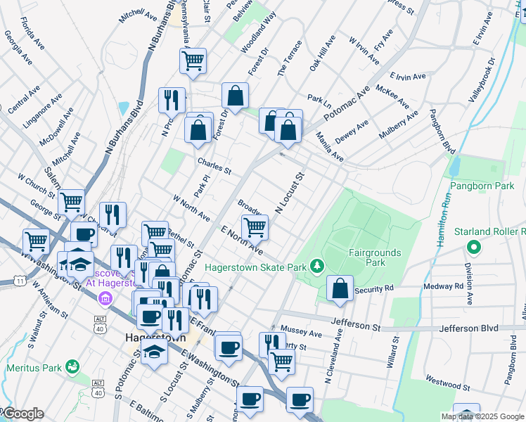 map of restaurants, bars, coffee shops, grocery stores, and more near 50 Broadway in Hagerstown