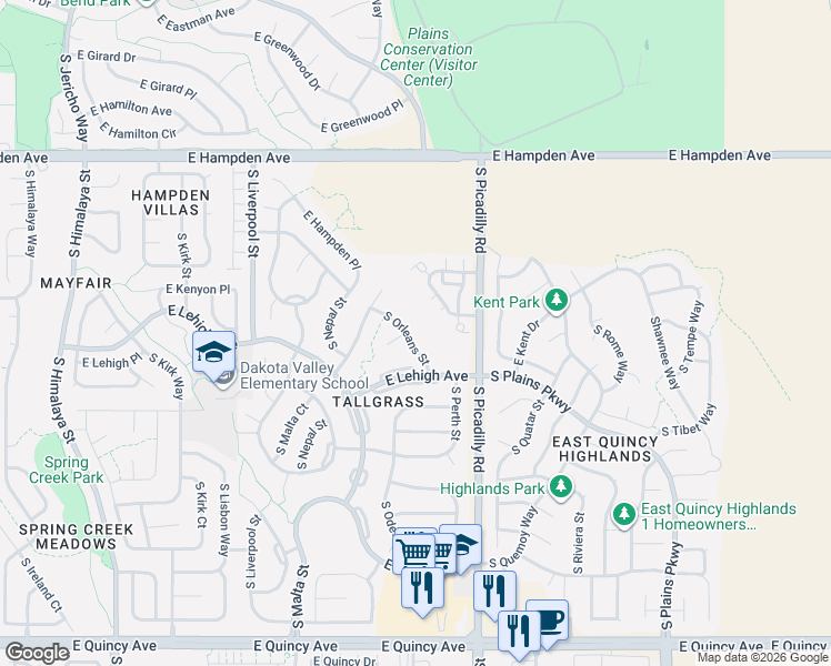 map of restaurants, bars, coffee shops, grocery stores, and more near 3750 South Orleans Street in Aurora