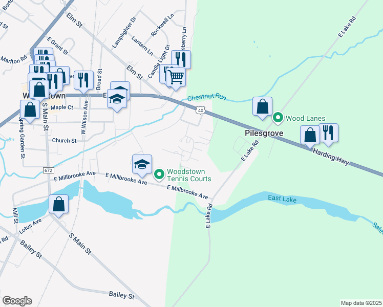 map of restaurants, bars, coffee shops, grocery stores, and more near 9-11 Friends Drive in Woodstown