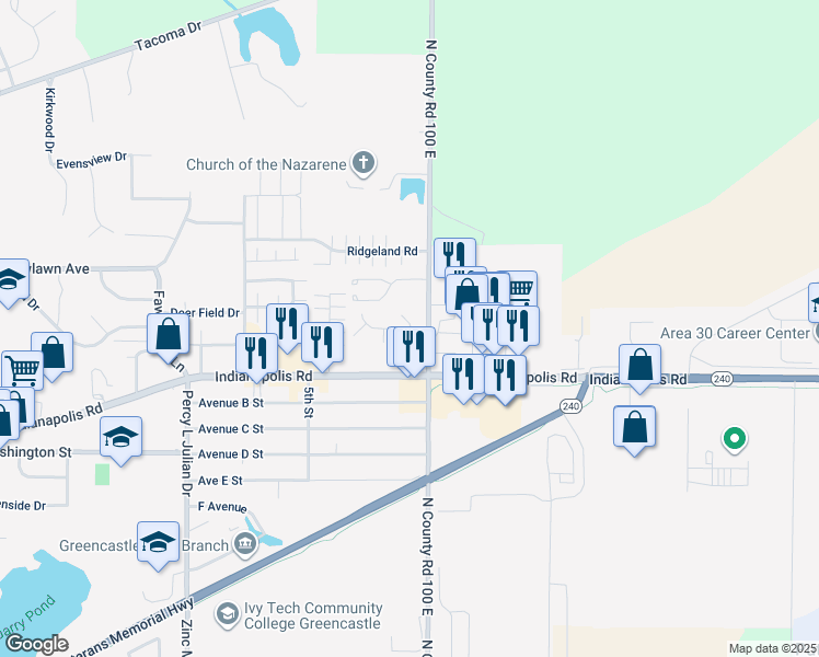 map of restaurants, bars, coffee shops, grocery stores, and more near 1175 Paddock Court in Greencastle