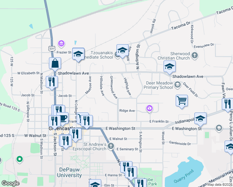 map of restaurants, bars, coffee shops, grocery stores, and more near 337 Greenwood Avenue in Greencastle