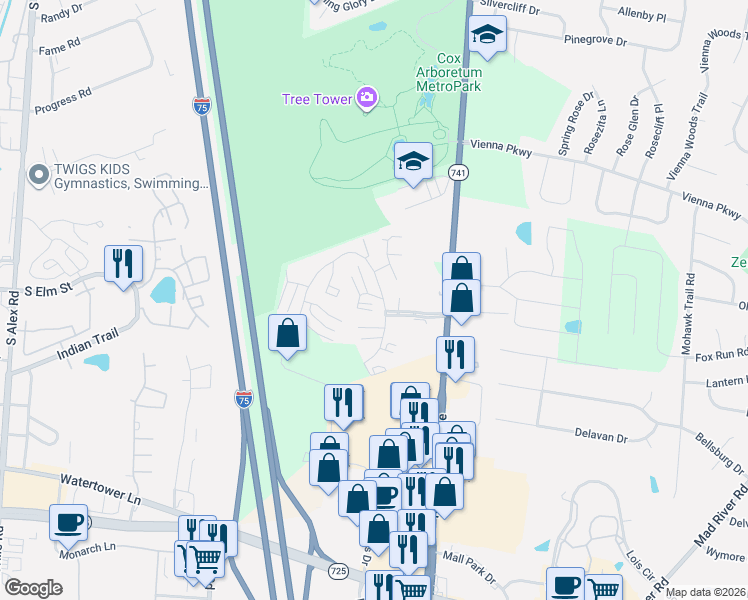 map of restaurants, bars, coffee shops, grocery stores, and more near 6411 Harbinger Lane in Dayton