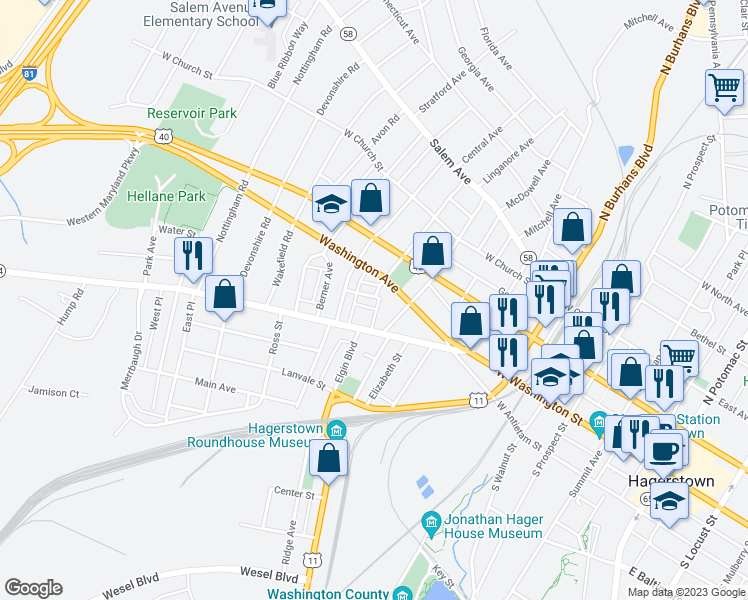 map of restaurants, bars, coffee shops, grocery stores, and more near 737 Dale Street in Hagerstown