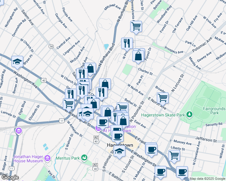 map of restaurants, bars, coffee shops, grocery stores, and more near 144 Bethel Street in Hagerstown