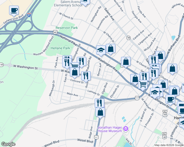 map of restaurants, bars, coffee shops, grocery stores, and more near 7 Avalon Avenue in Hagerstown
