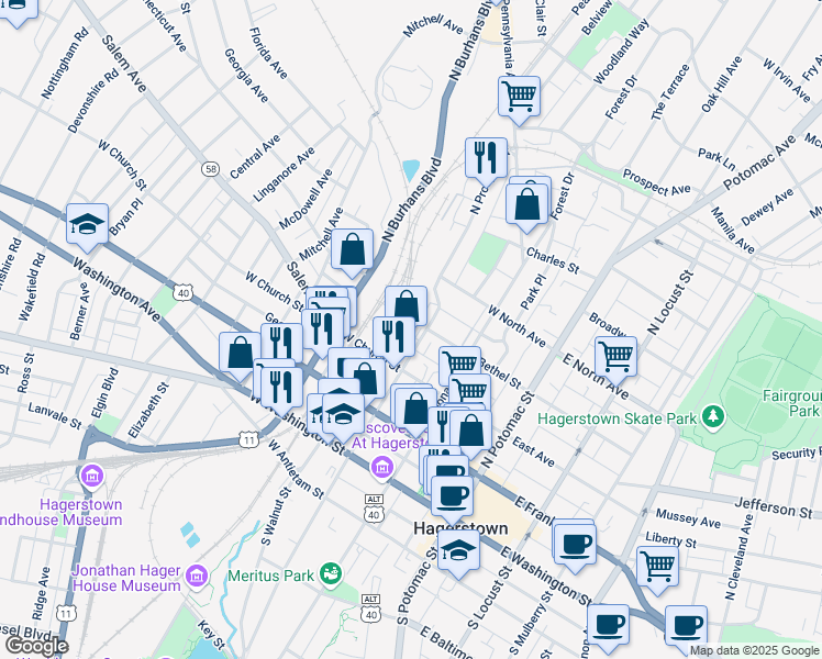 map of restaurants, bars, coffee shops, grocery stores, and more near 221 Bethel Street in Hagerstown