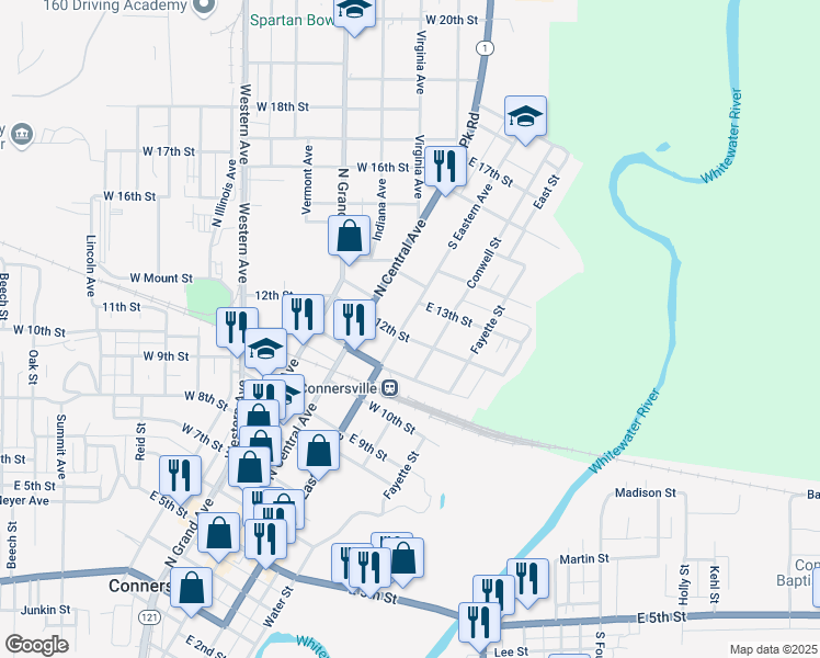 map of restaurants, bars, coffee shops, grocery stores, and more near 1213 North Eastern Avenue in Connersville
