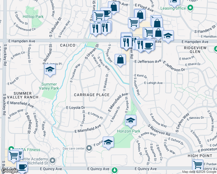 map of restaurants, bars, coffee shops, grocery stores, and more near 3709 South Walden Street in Aurora