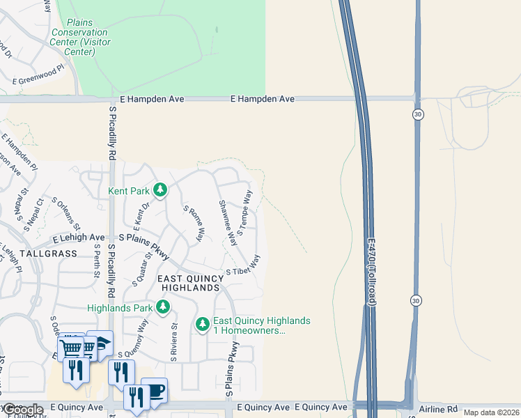 map of restaurants, bars, coffee shops, grocery stores, and more near 3784 South Tibet Way in Aurora