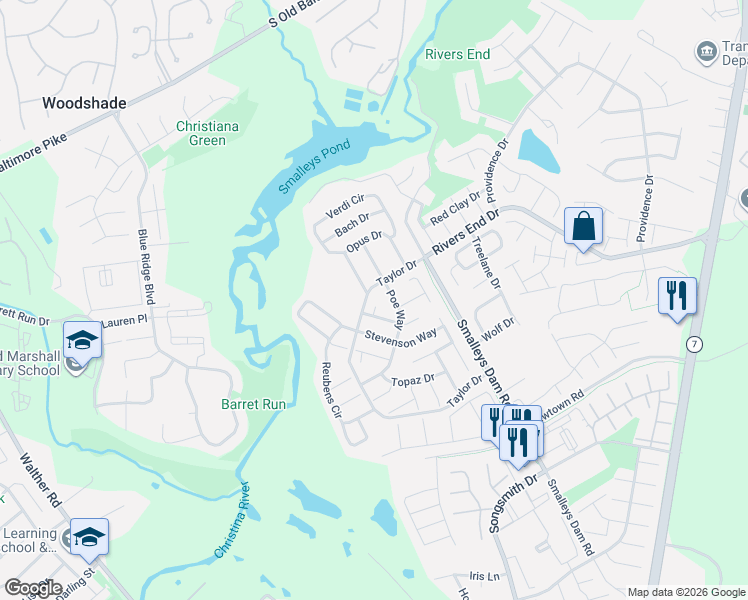 map of restaurants, bars, coffee shops, grocery stores, and more near 5 Burns Way in Newark