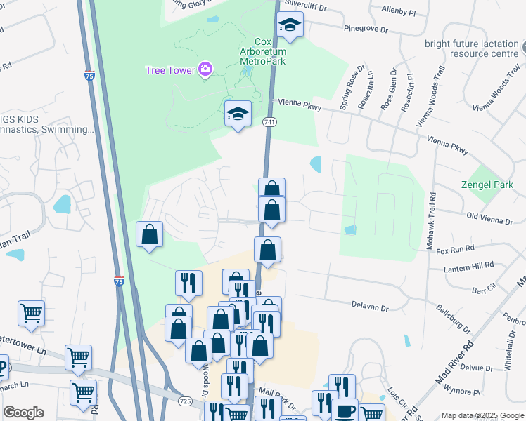 map of restaurants, bars, coffee shops, grocery stores, and more near 7240 North Springboro Pike in Dayton